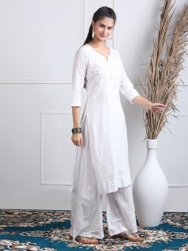 Image of Women's Lucknowi Chikankari Handwork Cotton Kurti, Palazzo and Dupatta Set