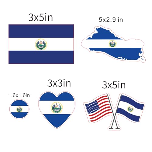Image of Set of 5 National Flag Themed Sticker Decal of Flag, Country Map, Circular Shape, Heart Shape and with USA Flag for Car, Phone, Laptop, Mug, Bottle, Textbooks (El Salvador)