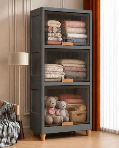Image of YouCopia Collapsible Wardrobe, 3 Tier Foldable Plastic Clothes Storage Cabinet with Transparent Magnetic Doors, Dustproof Stackable Portable Wardrobe Organizer for Bedroom, Kids