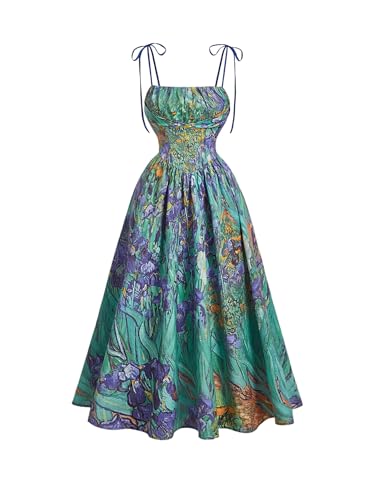 Image of SHENHE Women's Floral Bustier Corset Dress Tie Shoulder Smocked Flowy Boho Long Dress Sundress