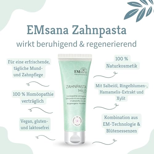 EMsana Zahnpasta mild – Natürliche Zahnpflege mit Effektiven Mikroorganismen, Xylit & Hamamelis-Extrakt – Vegan, Homöopathie-Verträglich, Ohne Fluorid & Mikroplastik – 75 ml