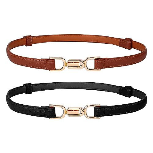 2pcs Skinny Leather Belt for Women, Adjustable Thin Waist Belt With Gold Buckle for Dresses and Shirts (Black, Brown)