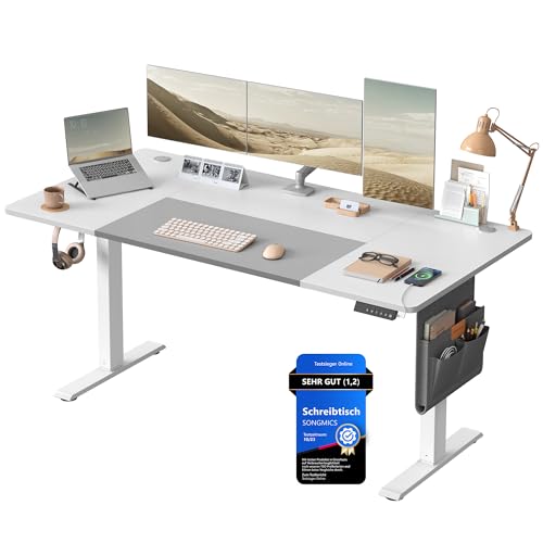 SONGMICS Höhenverstellbarer Schreibtisch elektrisch, 160 x 70 cm, stufenlos verstellbar, Memory-Funktion mit 4 Höhen, wolkenweiß-Taubengrau LSD026W02