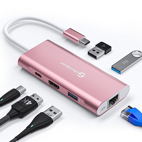 USB C Hub, UtechSmart 6 in 1 USB C zu HDMI Adapter mit 1000M RJ45 Ethernet, PD 100W Ladeanschluss, 3 USB 3.0 Ports Adapter Kompatibel für MacBook Pro, Chromebook, und USB C Geräte (Rosa)