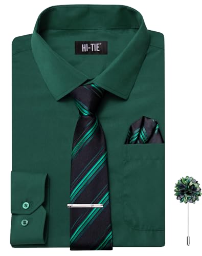 Hi-Tie Mens Dress Shirts and Tie Flower Lapel Pin Combo Long Sleeve Button Down Casual Formal Dress Shirts for Men