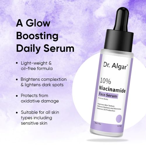 Image of Dr. Algar 10% Niacinamide Face Serum for Acne Marks, Blemishes & Dark Spots | Oil Control | Brightens & Evens Skin Tone | Suitable for All Skin Types | for Women & Men | 30 ml