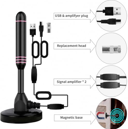 Image of Indoor TV Antenna with 2 Signal Boosters & 32FT Cable - Digital Antenna for Smart TV, Magnetic Base, Supports 4K 1080p - Dual Amplifiers for Long Range Reception of Local Channels(Pink)