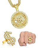 MenYiYDS 2 piezas Cadena Oro Hombre, Hip Hop Anillo, Cadena con Colgante de Signo de Dólar, Accesorios de Hip Hop de Los Años 80 y 90, Cadenas de Oro Hombre, para Fiestas de Rap(Collar + Anillo)