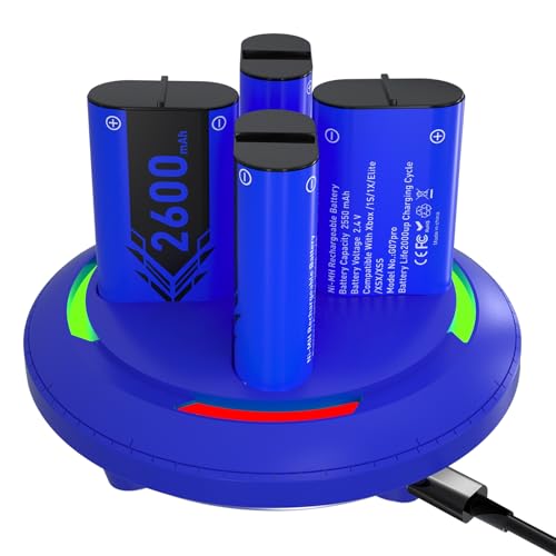 Rechargeable Battery Pack for X box Series X|S, 4pcs 2600mAh Xbox Series X Controller Battery Pack, High capacity rechargeable batteries with charging dock for Xbox One S/X, Xbox series S/X,Blue