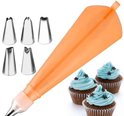 8 Douilles Patisserie et 1 Poches à Douille en Silicone Réutilisable, DIY Patisserie Accessoire Kit Professionnelle pour Décoration de Cupcake et Muffins Gâteaux Orange
