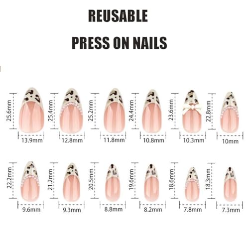Image of Leopard Print Press on Nails Medium Almond Fake Nails French Tip False Nail with Pearl Design Bow Glue on Nails Glossy Artificial Acrylic Full Cover Stick on Nail for Women Manicure 24Pcs