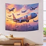 DFENILROP 3D Gedruckter Wandteppich Skyline Flugzeug, Weiches Designer Sonnenuntergang Stadt Polyester-Wandbehang, Geruchsneutral Dekoration Für Büro & Arbeitszimmer, Premium Geschenk 150cmx200cm