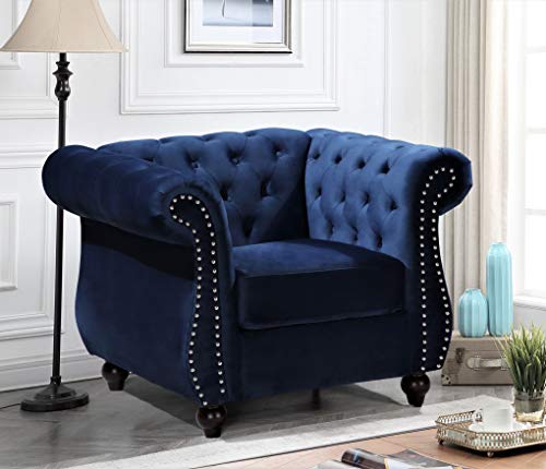 Container Furniture Direct Feinstein Modern Velvet Chesterfield Couches For Living Room With Nailheads, Diamond Tufting & Durable Metal Frame, Chair, Dark Blue #TOP1