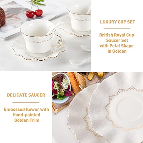 Dujust Tea Cups And Saucers Set Of 6 (8.5 Oz), Luxury Tea Cup Set With Golden Trim, Relief Printing Coffee Cups With Metal Stand, British Royal Porcelain Tea Party Set - White #TOP2