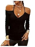 OYOANGLE Women's Cold Shoulder V Neck Long Sleeve T Shirt Slim Fit Solid Basic Casual Tee Shirts Y2K Going Out Tops Black Large