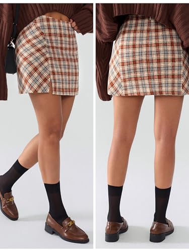 EXLURA Women\'s Fashion Faux Wool Mini Skirt High Waisted Y2K Trendy Side Slit Tweed Plaid Skirts 2025 Fall Winter Outfits Orange - Thumbnail 2