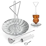 Onlyfire Chef Turkey Fryer Accessory Kit, Stainless Steel Chicken Holder with Handle Lifter Hook, Seasoning Injector, Drip Pan and Thermometer for Deep Fry Pot Grill BBQ, Poultry Rack Set for Thanksgiving Day and Christmas
