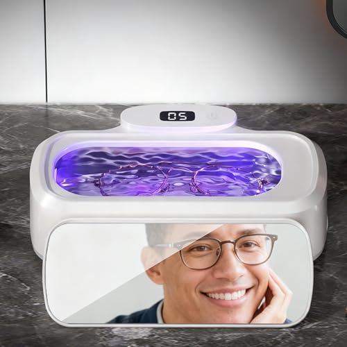 Ultrasonic Retainer Cleaner Machine, 48kHz 420ML Jewelry Cleaner with Purple lamp care &amp; Mirror, 3 Modes for Toothbrush Heads,Dentures, Eyeglasses, Ornament, Efficient 360° Deep Cleaning (White)