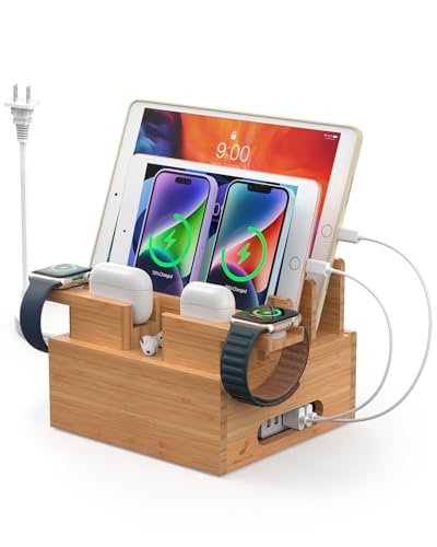 Product Image of the Pezin & Hulin Bamboo Charging Station for Multiple Devices, with Power Charger, Wire Cables 5 Pack, Compatible with Multi Phones & Tablet, for Earbuds & Smart Watch