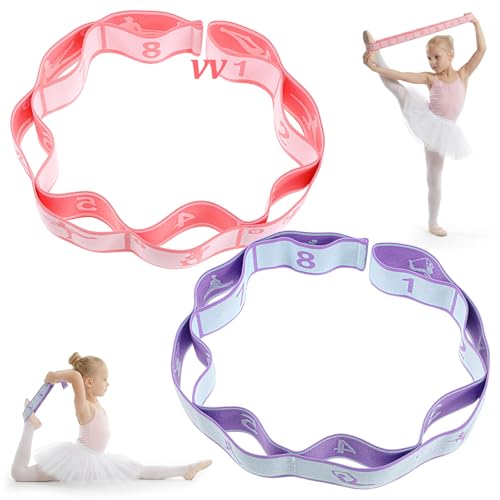 2 Stück Yoga Stretching Strap, Quilax Yoga Gurt mit 8 Schleifen, Pilates Stretching Strap, Elastische Fitnessbander, Joga Zubehör, für Pilates, Tanz, Gymnastik