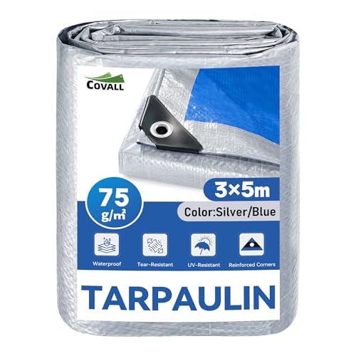 Image of COVALL Tarpaulin 3m x 5m,75gsm Waterproof Groundsheet,Silver & Blue Tarp