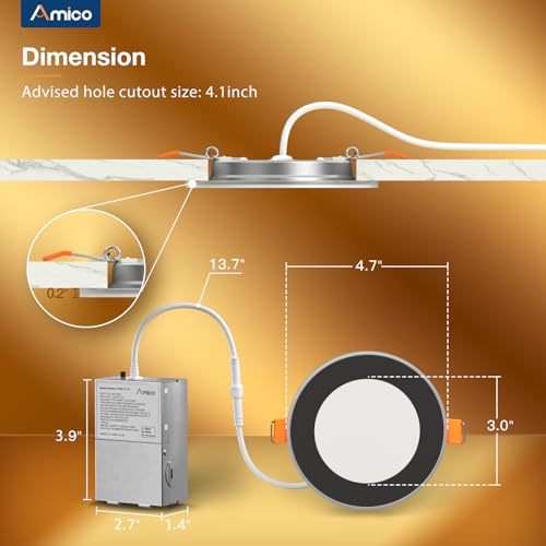 Amico 6 Pack Black 4 Inch 5CCT LED Recessed Ceiling Light with Night Light, 2700K/3000K/3500K/4000K/5000K Selectable Ultra-Thin Lighting, 10W=90W, 700LM, Dimmable Canless Wafer Downlight - ETL&FCC by Amico - Used condition - Image 5