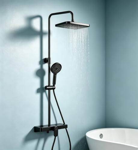 Shower Mixer Set Without Thermostatic Shower System with 33x21 cm Rainfall Shower Head 3 Modes Round Shower Head Glass Shelf Multi-Angle Swivel Outlet Stainless Steel Mixed Shower(Black)