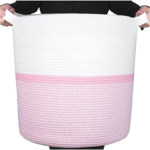 MINTWOOD Design Extra Large 20 x 18 Inches Decorative Woven Cotton Rope Basket, Tall Laundry Basket Hamper, Blanket Basket for Living Room, Round Storage Baskets for Pillows, Towels, Light Pink Cover