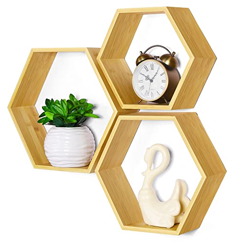 Floating Hexagon Shelves Set Of 3 Hexagonal Storage Shelves Bedroom Bamboo Wall Honeycomb Floating Shelf Display Storage Rack For Wall Decor Hexagon Shelves For Living Room Hallway Farmhouse #TOP20