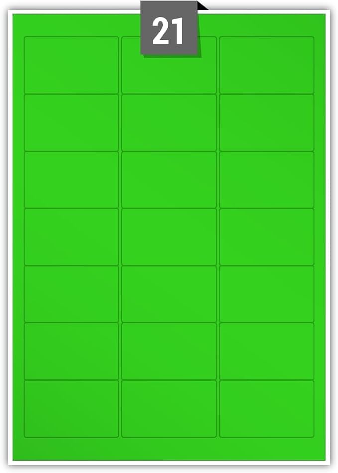 Fluorescent Permanent Adhesive Dry Edge Green Paper Labels 21 Rectangle Printable Labels per A4 Plain Sheet – Label Paper Size 63.50 mm x 38.10 mm Ideal for Office, Packaging, Shipping