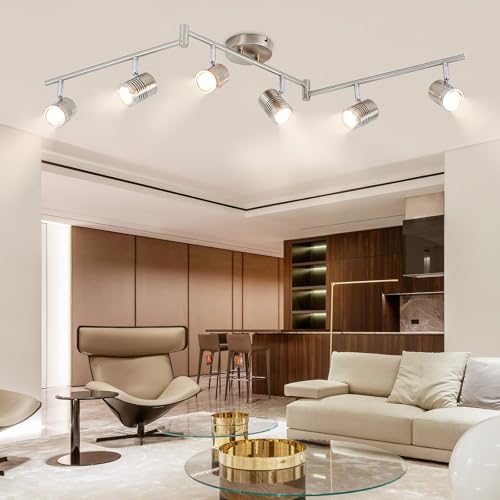DLLT 6-Light Track Lighting Fixtures Swing Arm, Kitchen Ceiling Spot Light, Flush-Mount Foldable Track Rail Lighting for Living Room, Dining Room, Offices, Bedroom, Picture Wall, Kitchen, Warm Light