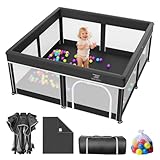 Foldable Baby Playpen with Mat - 50'X50' Play Yard for Babies and Toddlers - Indoor & Outdoor Portable Playpen with Storage Bag & 30 Ocean Ball - Baby Fence with Visible Mesh & Zipper Door,Black