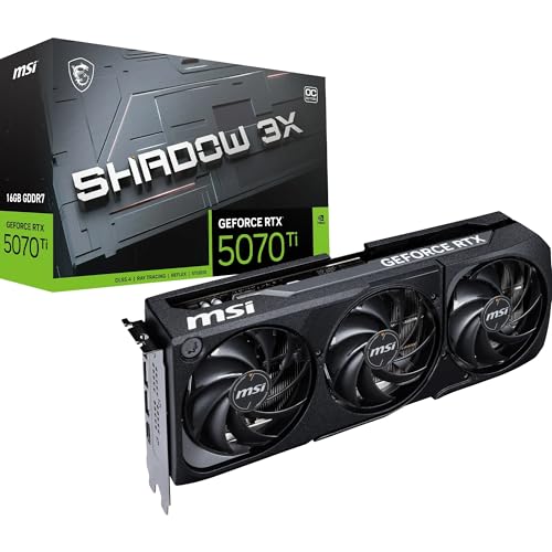 MSI NVIDIA GeForce RTX 5070 Ti 16G Shadow 3X OC Carte Graphique -16 Go GDDR7 (28 Gb/s/256 Bits), PCIe 5.0, Triple Ventilateur (3X Ventilateurs TORX 5.0) - HDMI 2.1b x 1, DisplayPort 2.1b, SFF Ready