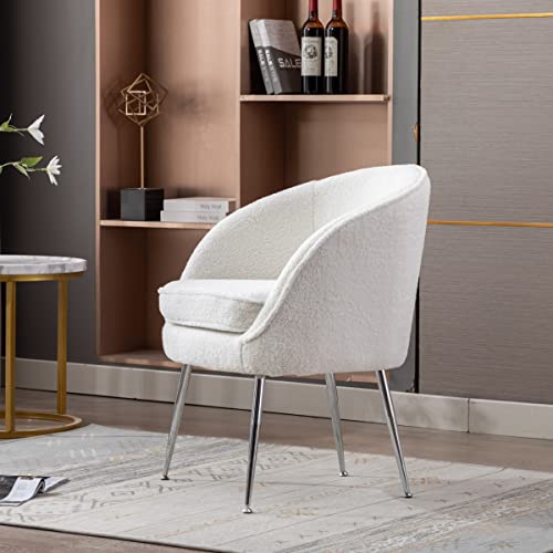 Peihonget Teddy Barrel Chair, Modern Accent Armchair With Silver Metal Legs Fuzzy Club Chair Fabric Upholstered Reading Chair Cozy Arm Chair For Living Room, Nursery,Lounge, Bedroom (White) #TOP3