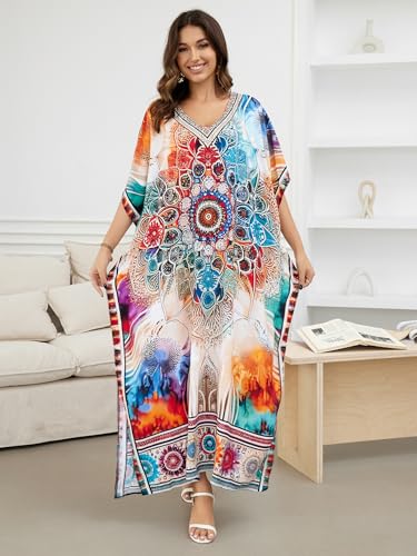 Image of IMAGEKOPE Women's Plus Size Loose Fit Moroccan Print V-Neck Batwing Kaftan Beach Dress Bathing Suit Cover Up