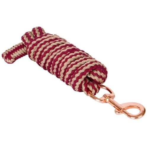 Start Langlebiger Führstrick Pferd 2m – Strapazierfähiger Pferdestrick mit Panikhaken – Anbindestrick für Pony, Esel, Ziege – Weiches & Reißfestes Anbindeseil (Burgund/Rosegold, Karabinerhaken)