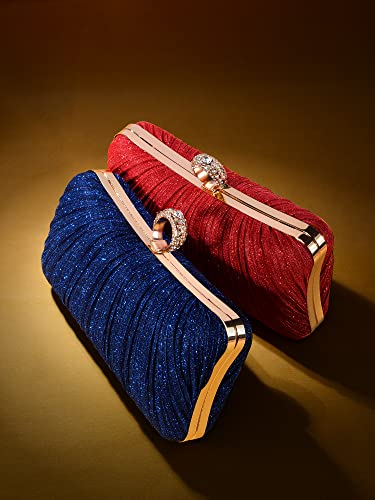 Image of Womens Golden Glitter Clutch Purse Pleated Evening Bag for Bridal Wedding Party with Rhinestone Ring
