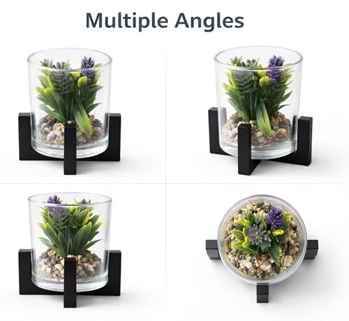 Image of CURATED CART Artificial Plant with Glass Pot for Home Decor, Mini Small Decor Item, Fake Succulent Plant for Office Des, Home Decoration, Artificial Plant with Pebbles & Wooden Stand