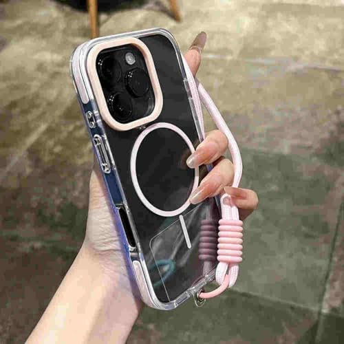 Coque magnétique rose pour iPhone 16 transparente et antichoc avec sa dragonne pratique