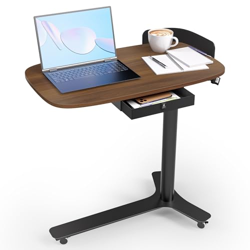 WALKINGDESK Mobilt stående skrivbord med 3 rullande hjul, Höj- och sänkbart laptopbord, pneumatiskt sidobord extra vagn med låda, för kontor, sovrum, eller vardagsrum, Svart valnöt
