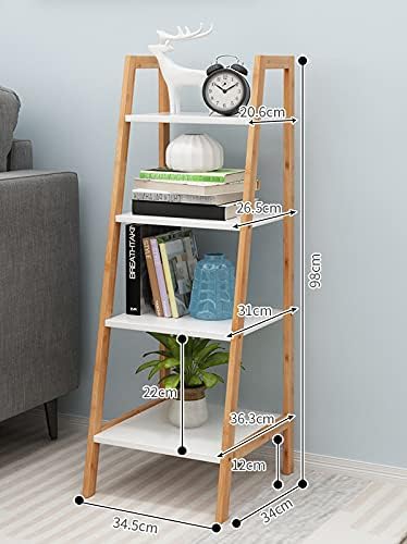 VR7 3/4 tier wooden ladder shelves rack bookcase flower plant display unit storage rack with white shelves for living room bedroom (wooden with white shelves, 4 tier)