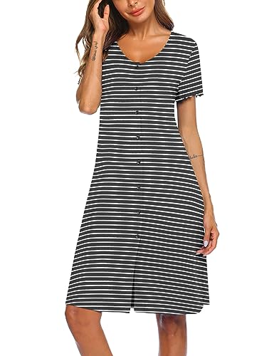 Ekouaer Nachthemd Damen Sommer Sleepshirt Kurzarm Schlafshirt Nachtwäsche mit Knopfleiste, Streifen_ Grau XXL 3