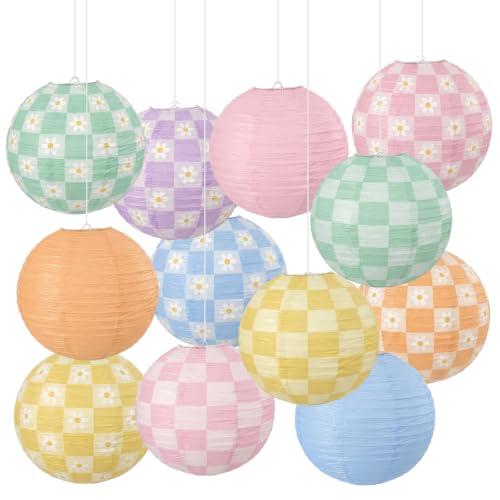 Baquler 12 Pcs Gingham Flower Lanterns 10 Inch Pastel Hanging Decor by Baquler - Used condition - US$20.89