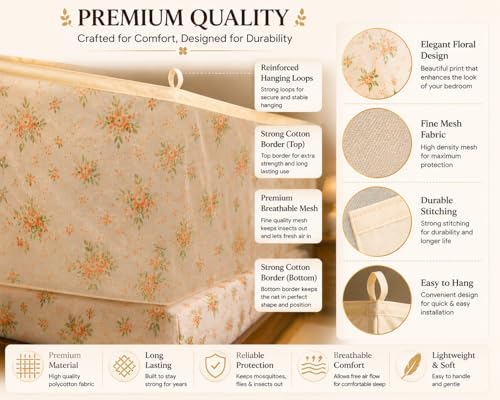 Image of ANS Single Bed Mosquito Net for Bed Floral Print with Cotton Border, Breathable Free Air Flow Mesh, Hanging Mosquito Net for Single Bed, 3.5 x 6.5 ft, Height 5 ft, Cream Floral