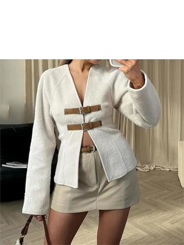 Women Double Button Leather Jacket Long Sleeve V-Neck Slim Coat Formal Elegant Office Outwear With Belt2