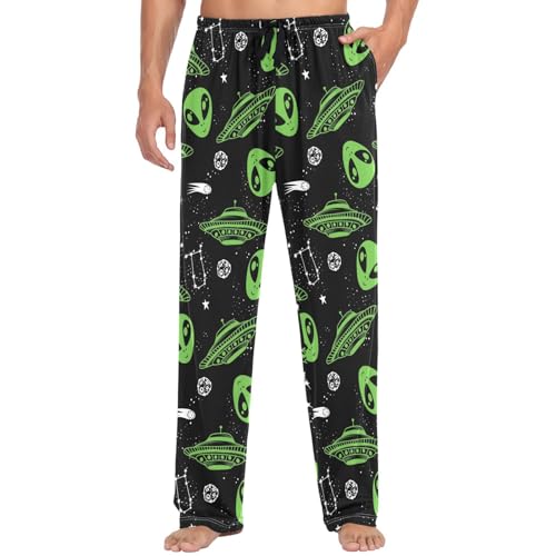 Pigsaly Men's Pajama Bottoms Green Alien Mens Pajama Pants Space Ufo Cotton Pj Bottoms Sleepwear Lounge Pants M