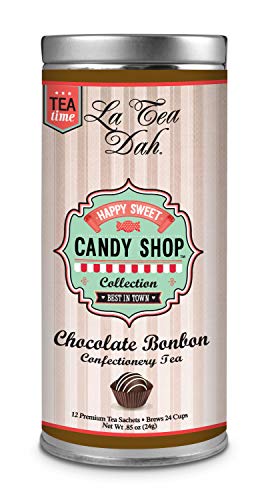 La Tea Dah Candy Shop Teas - Chocolate Bon Bon Tea - All Natural, Ceylon Black Tea, Belgium Chocolate - Hot or Iced Tea: Mother's Day Gift, Tea Party: Caffeine: Tea: 12 Pyramid Tea Bags: 24 Servings.