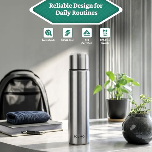Image of Amazon Brand - Solimo Premium 1L Thermosteel Water Bottle | 24 Hr Hot & Cold Retention | Leak-Proof & Safe | ISI Certified | Flip Lid | Eco-Friendly | Everyday Use & Travel | Carry Bag