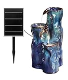 Dehner Gartenbrunnen Corso, Solarbrunnen mit LED Beleuchtung, frostbeständiger Brunnen für Außen, 36.5 x 36.5 x 55 cm, Keramik, blau