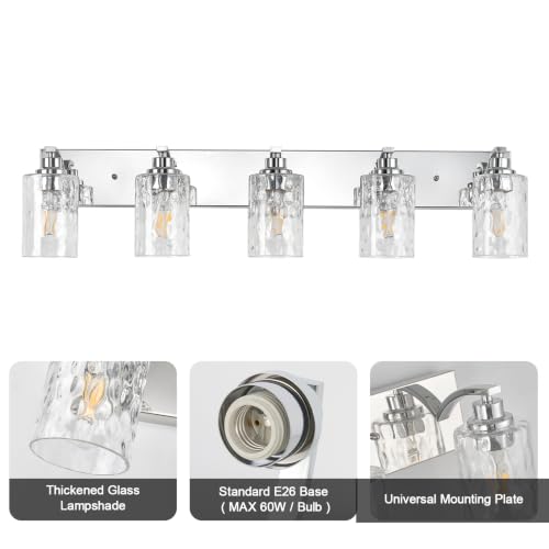 Image of 5-Light Bathroom Light Fixtures Modern Chrome Vanity Lights | Easy to Install Clear Hammered Glass Shades, Rippled Glow, Wall Mount Up or Down, E26 Socket, Hardwired, 120V